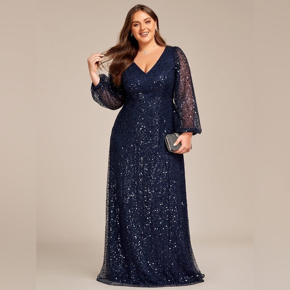 🆕 Plus Size V-Neck Lantern Long Sleeve Sequin A-Line Evening Dress